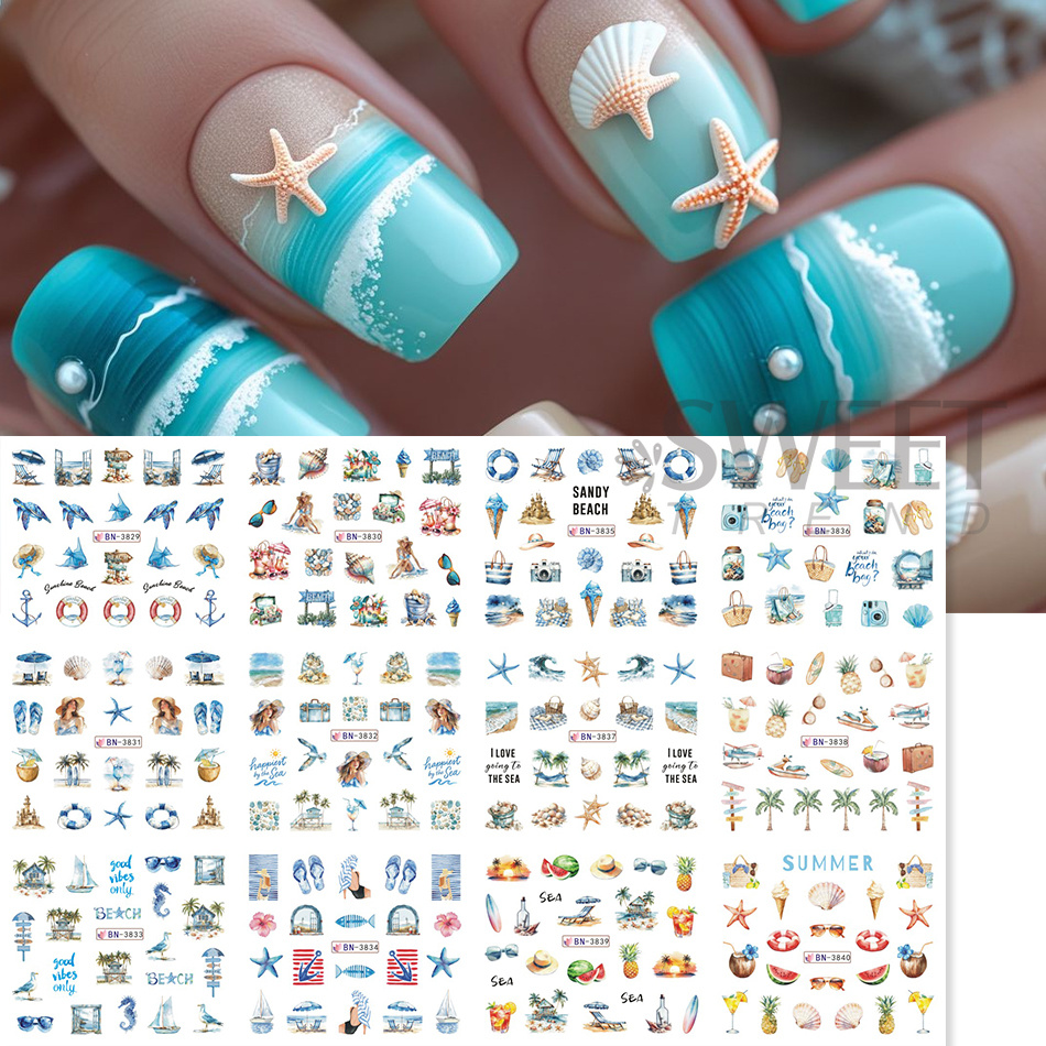 12デザイン サマーオーシャンテーマ ネイルステッカー カラ - Waterslide Decal Paper のレビューと価格