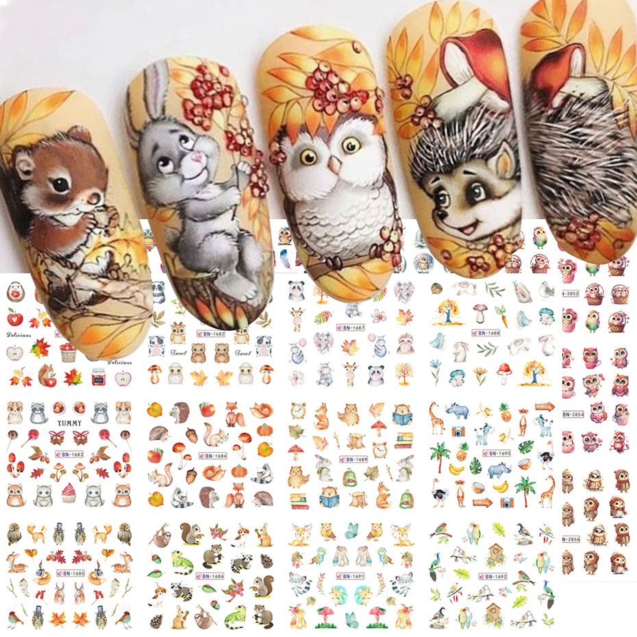 12 デザイン秋動物ネイルアート水ステッカー漫画フクロウリス - Waterslide Decal Paper のレビューと価格